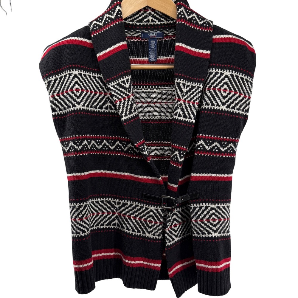 Chaps Denim Women's Sweater Vest Geometric Stripe Front Buckle‎ Black Red Sz M